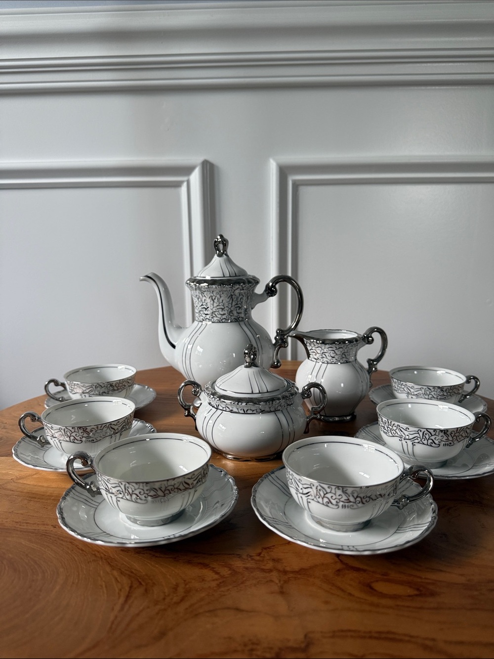 Fine Seyei China Japan 15 Pc Coffee Tea Set 1031 Platinum Silver Cups Saucers - Picture 7 of 7